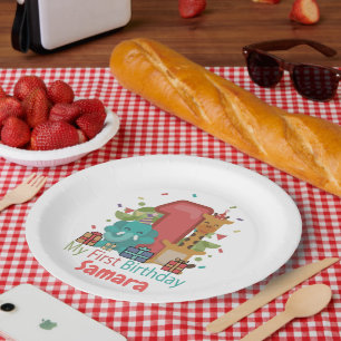 Plato De Papel Cute 1er cumpleaños Plates Elefante y Giraffe