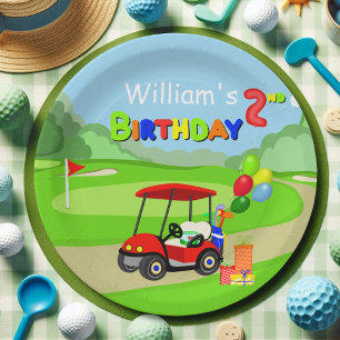 Plato De Papel Cute 2º cumpleaños Red Golf Cart Boy