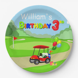 Plato De Papel Cute 3er cumpleaños Red Golf Cart Boy's