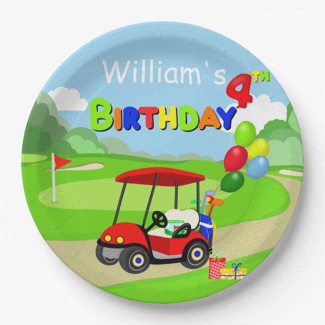 Plato De Papel Cute 4º cumpleaños Red Golf Cart Boy's (Anverso)
