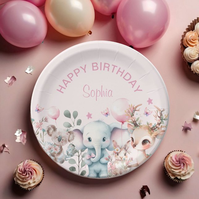 Plato De Papel Cute acuarela Animales salvajes Chica rosado Cumpl (Subido por el creador)