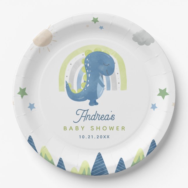 Plato De Papel Cute acuarela Dinosaur T Rex Baby Shower Fiesta (Anverso)