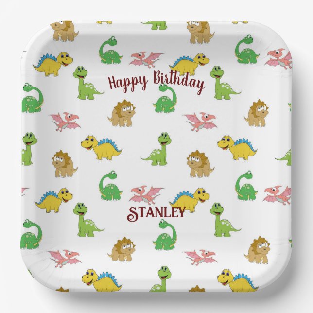 Plato De Papel Cute acuarela Dinosaurio Patrón animal Cumpleaños (Anverso)