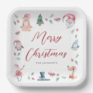 Plato De Papel Cute acuarela Feliz Navidad Personalizado