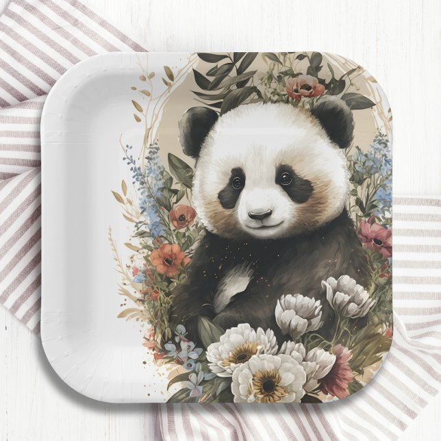 Plato De Papel Cute acuarela Flor silvestre Panda Bear Cumpleaños (Subido por el creador)