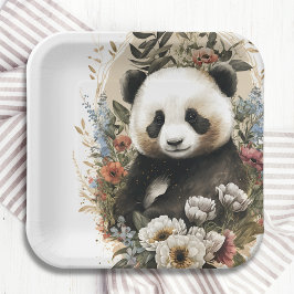 Plato De Papel Cute acuarela Flor silvestre Panda Bear Cumpleaños
