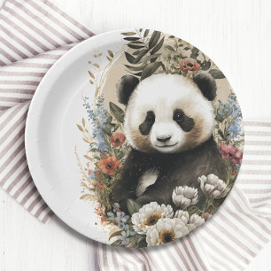 Plato De Papel Cute acuarela Flor silvestre Panda Bear Cumpleaños
