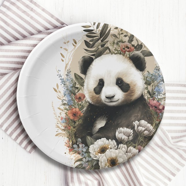 Plato De Papel Cute acuarela Flor silvestre Panda Bear Cumpleaños (Subido por el creador)