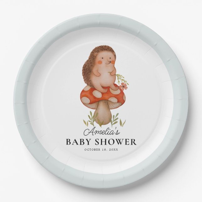 Plato De Papel Cute acuarela Hedgehog Blue Baby Shower (Anverso)