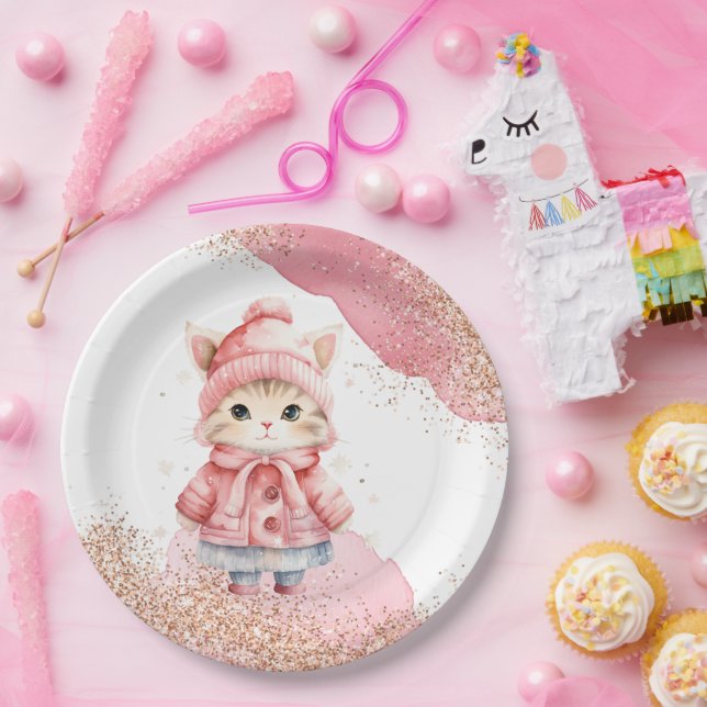 Plato De Papel Cute acuarela Kitty Cat Winter Coat Fiesta (Fiesta)