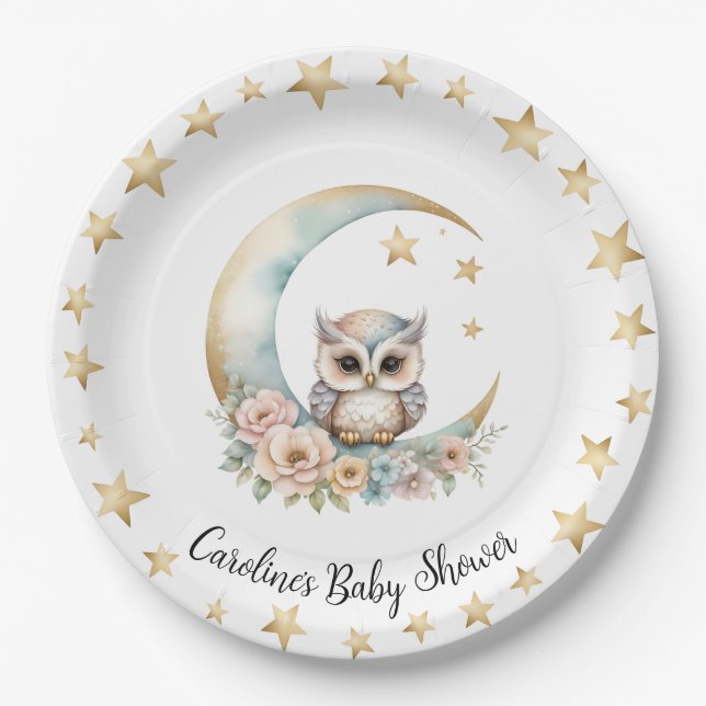 Plato De Papel Cute acuarela Lechuza Baby Shower Placa (Anverso)