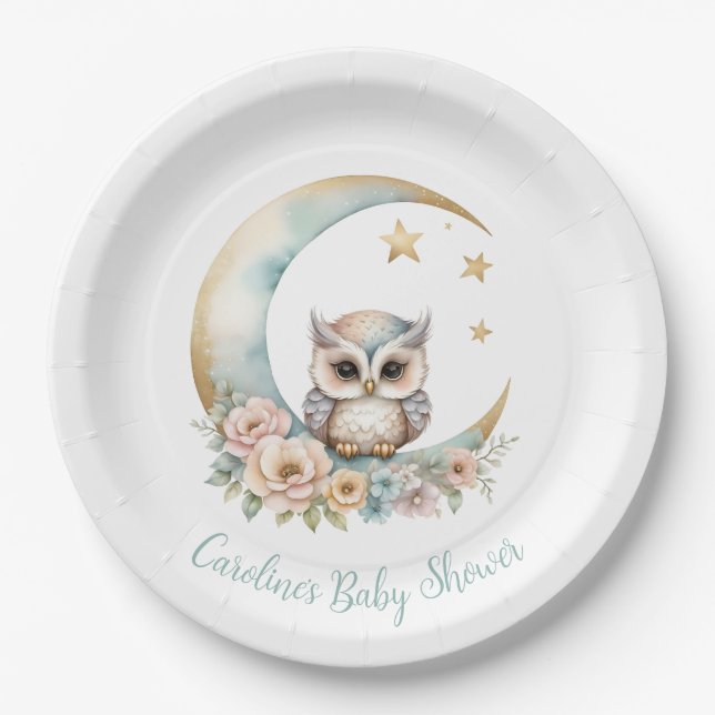 Plato De Papel Cute acuarela Lechuza Baby Shower Placa (Anverso)