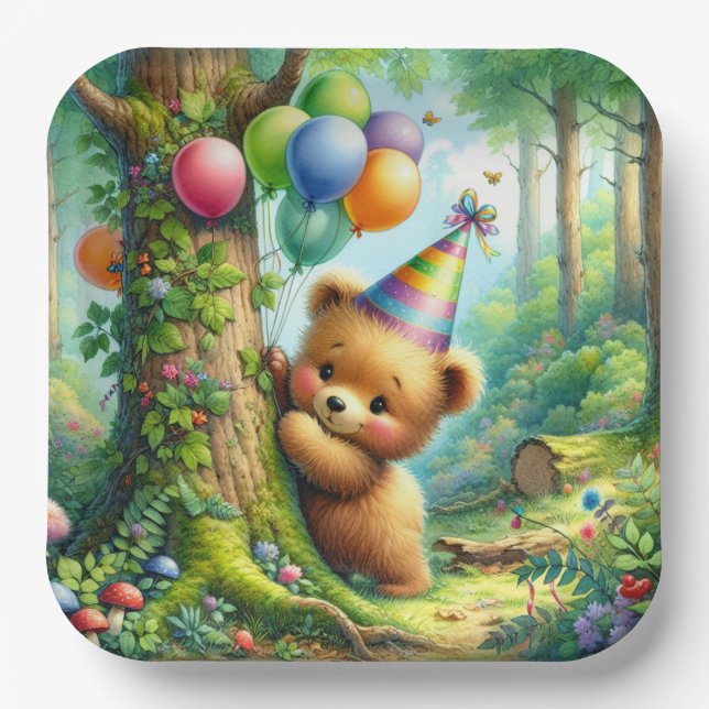 Plato De Papel Cute acuarela Personalizado Baby Bear Cub Cumpleañ (Anverso)