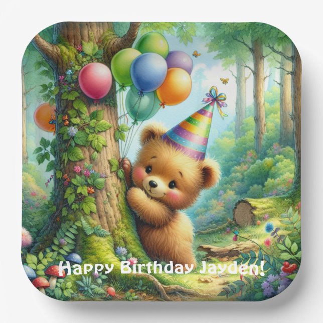 Plato De Papel Cute acuarela Personalizado Baby Bear Cub Cumpleañ (Anverso)