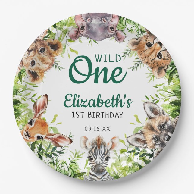 Plato De Papel Cute acuarela Safari Animales 1º cumpleaños (Anverso)