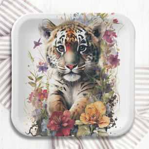 Plato De Papel Cute acuarela Tigre salvaje niños cachorro cumplea