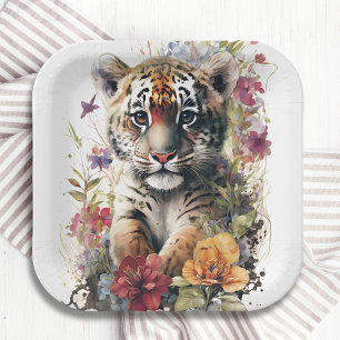 Plato De Papel Cute acuarela Tigre salvaje niños cachorro cumplea