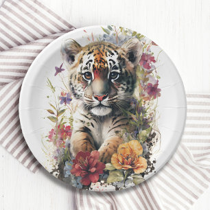 Plato De Papel Cute acuarela Tigre salvaje niños cachorro cumplea