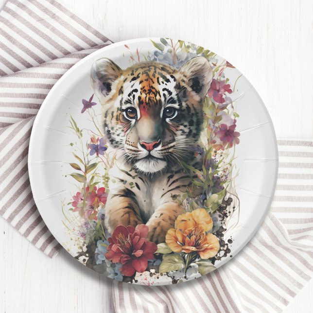 Plato De Papel Cute acuarela Tigre salvaje niños cachorro cumplea (Subido por el creador)