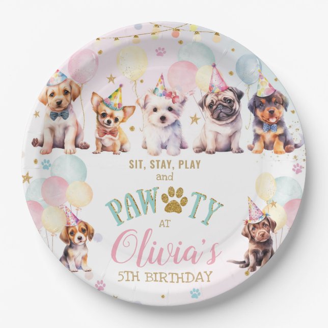 Plato De Papel Cute Adorable Cuppy Perros Globos Fiesta de Cumple (Anverso)