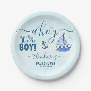Plato De Papel Cute Ahoy es un joven barco náutico Baby Shower