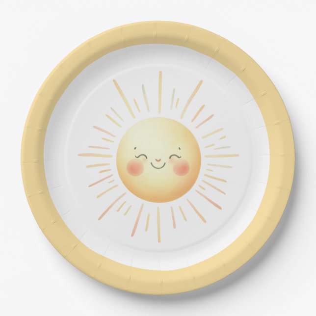 Plato De Papel Cute amarillo acuarela Boho Sonriente Sunshine (Anverso)