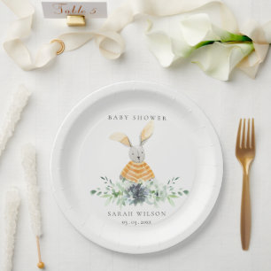 Plato De Papel Cute amarillo Bunny Garden Foliage Baby Shower