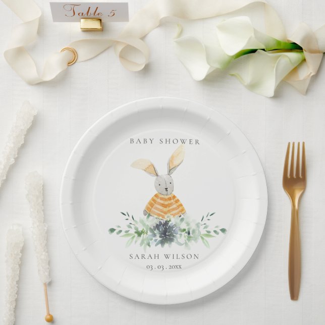Plato De Papel Cute amarillo Bunny Garden Foliage Baby Shower  (Boda)