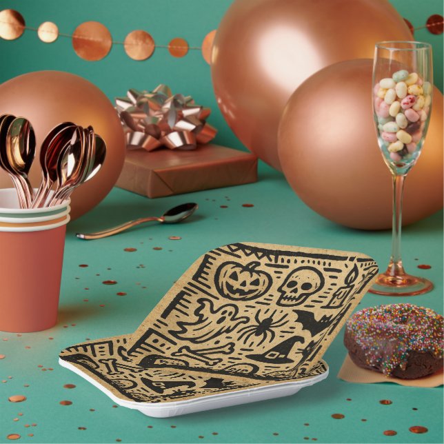 Plato De Papel Cute ancient hieroglyph pumpkin and bat Halloween (Multi)