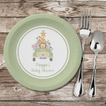 Plato De Papel Cute Animal Safari Baby Shower<br><div class="desc">Este plato de papel para bebés de color verde verde verde del ejército, neutro en género, incluye un lindo ilustracion de animales bebé (león, elefante, cebra, mono y jirafa) apilados en un vehículo de safari y el nombre de la madre y "Baby Shower" en la coordinación del guión verde del...</div>