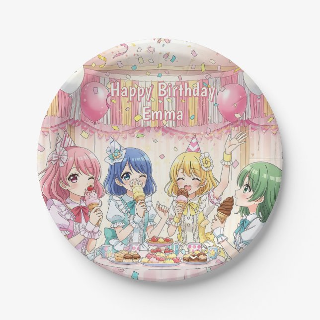 Plato De Papel Cute Anime Girl's Ice Cream Birthday Party   (Anverso)