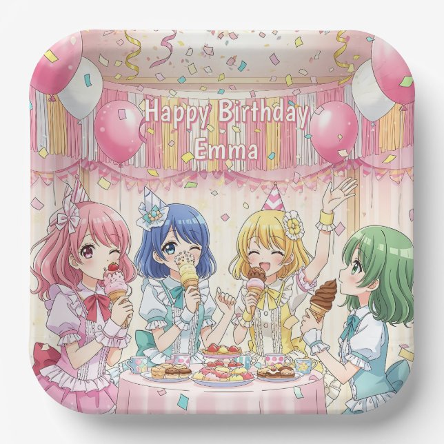 Plato De Papel Cute Anime Girl's Ice Cream Birthday Party   (Anverso)