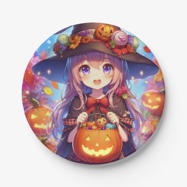 Plato De Papel Cute Anime Halloween Witch (Anverso)