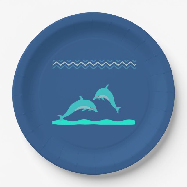 Plato De Papel Cute Aqua Blue Dolphin Water Baby Shower (Anverso)
