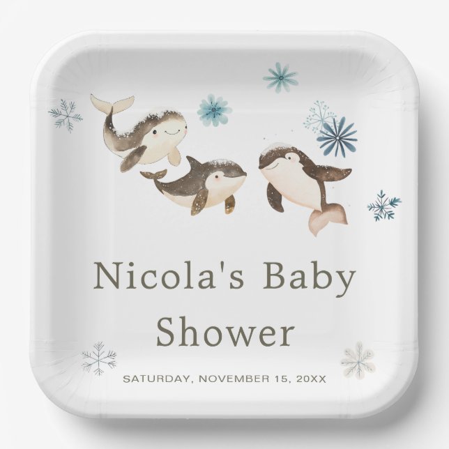 Plato De Papel Cute Arctic Whale Baby Shower (Anverso)