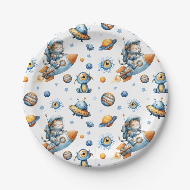 Plato De Papel Cute Astronaut Cat Outer Space Pattern Galaxy  (Anverso)