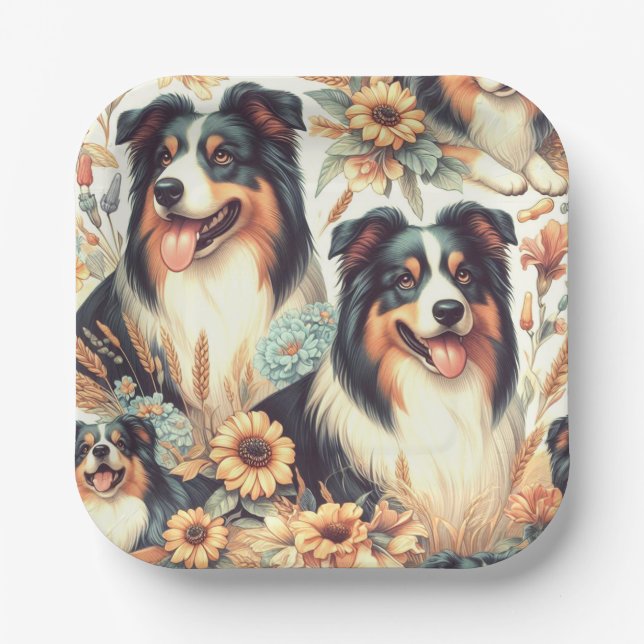 Plato De Papel Cute Australian Shepherd Vintage Painting (Anverso)