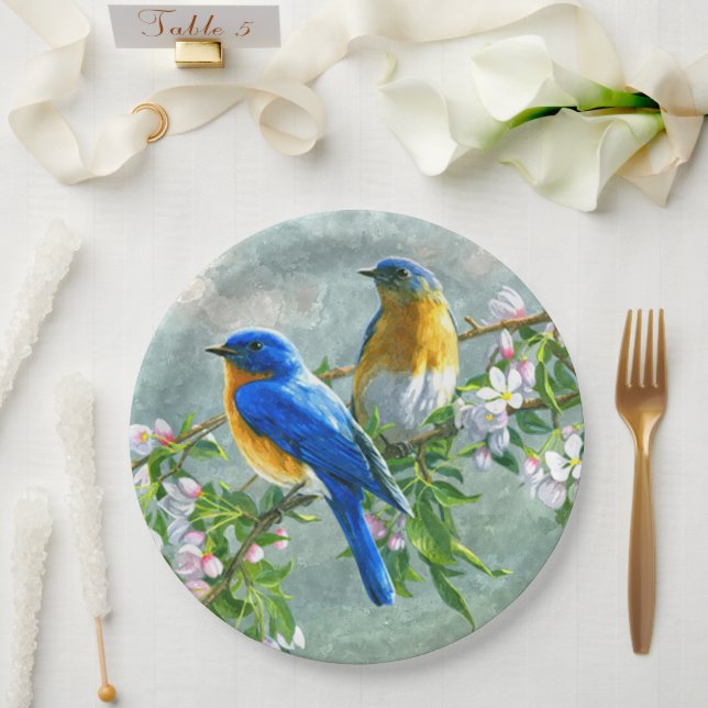 Plato De Papel Cute Aves Azules Amarillas Flor de cerezo acuarela (Boda)