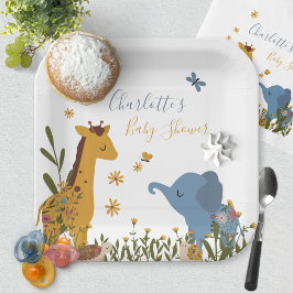 Plato De Papel Cute Baby Animals Floral Baby Shower Square