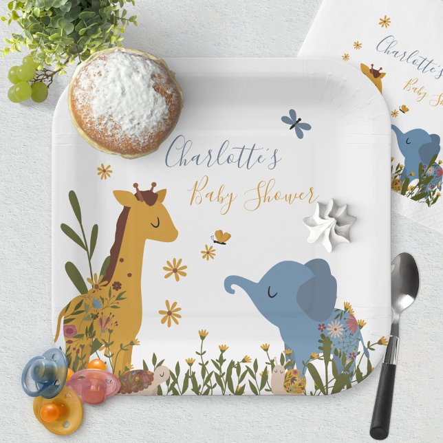 Plato De Papel Cute Baby Animals Floral Baby Shower Square (Giraffe Elephant Snail Turtle Baby Shower Square Paper Plates ©Susanne Sachers - Sunny Mind Design )