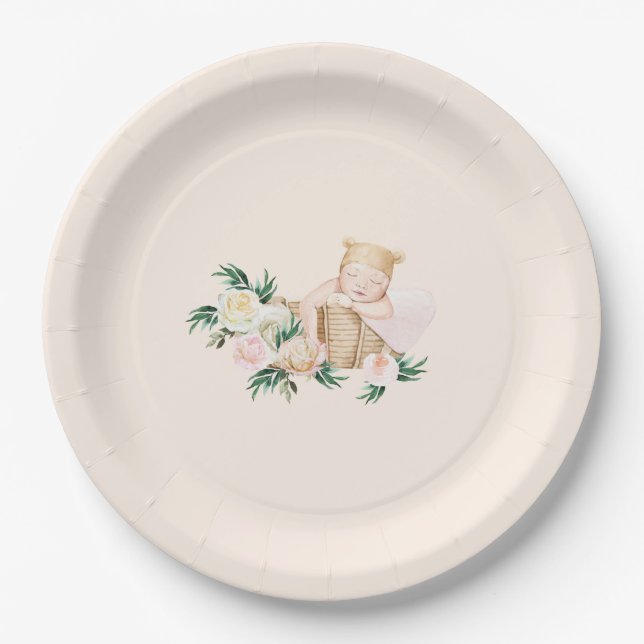 Plato De Papel Cute Baby Basket Floral Baby Shower (Anverso)