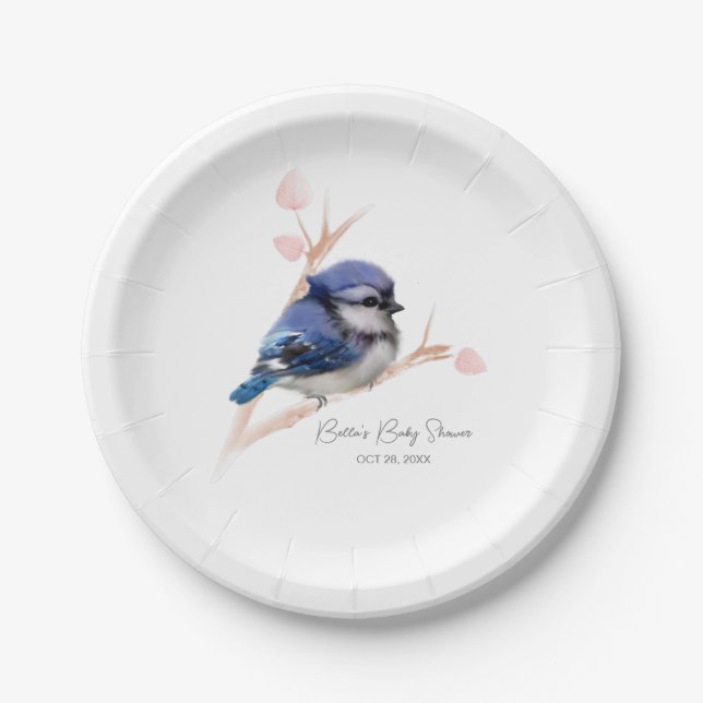 Plato De Papel Cute Baby Blue Jay Baby Shower (Anverso)