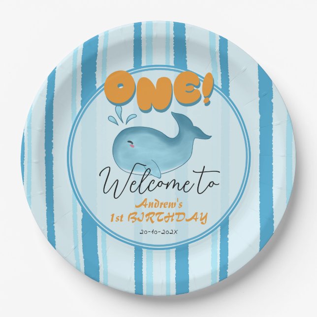 Plato De Papel Cute Baby Blue Whale 1st Birthday (Anverso)
