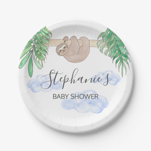 Plato De Papel Cute Baby Boy Sloth Baby Shower (Anverso)