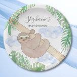 Plato De Papel Cute Baby Boy Sloth Baby Shower<br><div class="desc">Cute Baby Boy Sloth Baby Shower Paper Plate. Este divertido plato de papel para bebé incluye una pereza de bebé sonriente que cuelga de una rama, con hojas de selva color agua verde y nubes azules. Todo el texto es personalizable. Hay servilletas a juego en mi tienda. Porque creamos nuestra...</div>