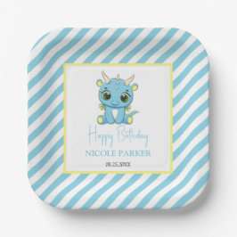 Plato De Papel Cute Baby Dragon Blue Stripes Cumpleaños
