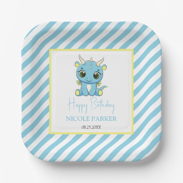 Plato De Papel Cute Baby Dragon Blue Stripes Cumpleaños (Anverso)
