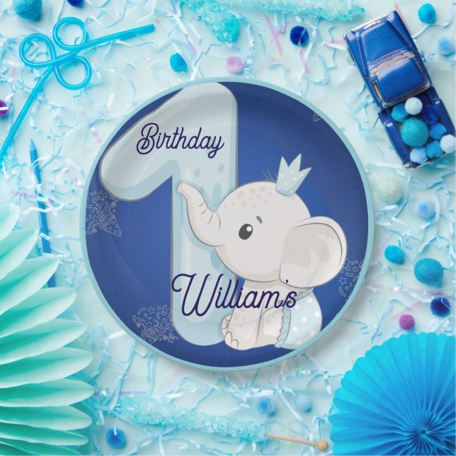 Plato De Papel Cute Baby Elephant First Birthday (Fiesta)