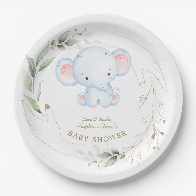 Plato De Papel Cute Baby Elephant Jungle Greeneration Baby Shower (Anverso)