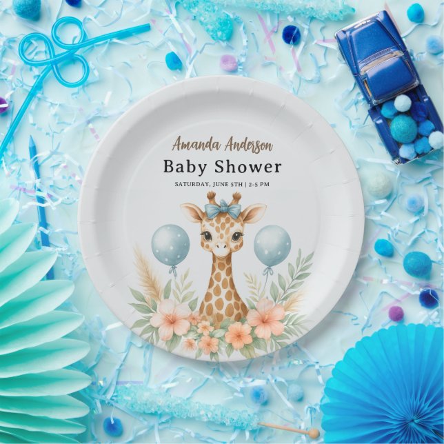 Plato De Papel Cute Baby Giraffe Boy Baby Shower | Blue Safari (Fiesta)